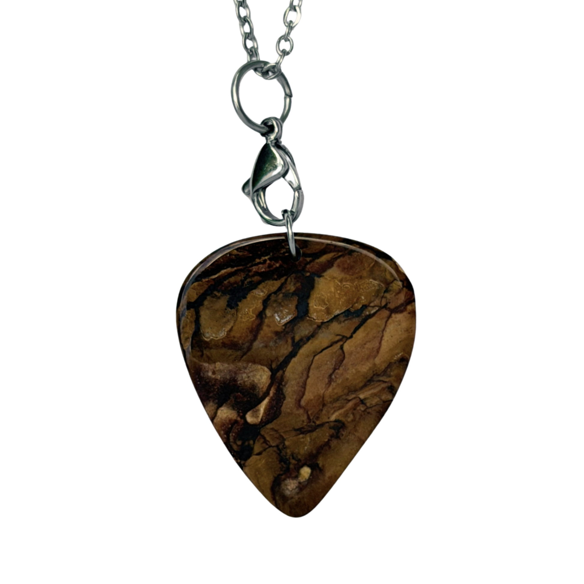 brown wood patterned stone guitar pick on silver chain