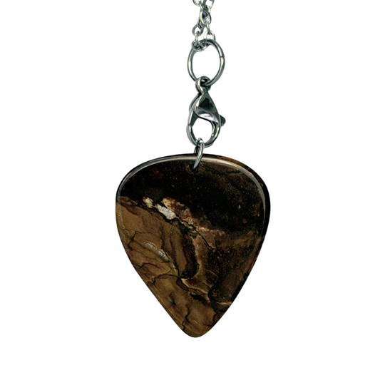 brown wood patterned stone guitar pick on silver chain
